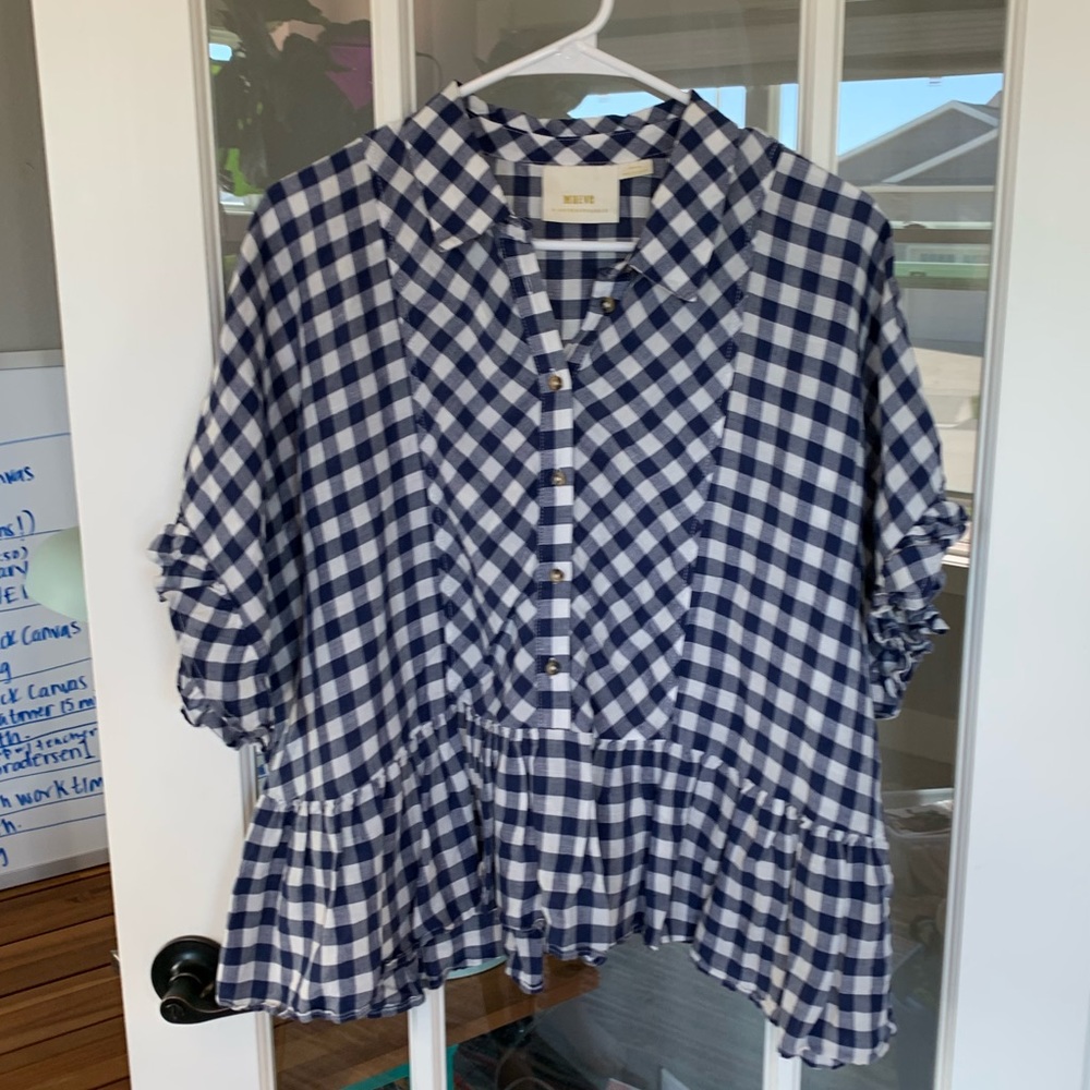 Maeve Anthropologie Blue & White Flounce Blouse